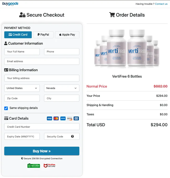 verifree Purchase Page